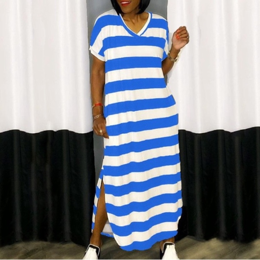 Striped multicolored short sleeve maxi dress size large